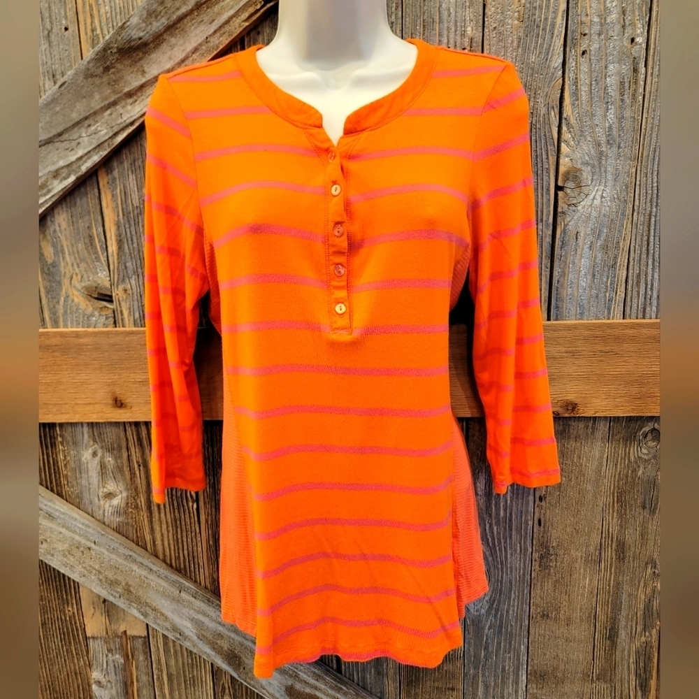 GreenSource Apparel Shirt orange and pink rayon blend striped blouse M medium ^